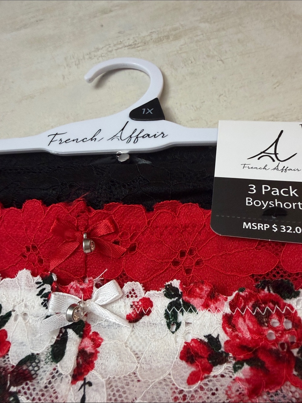 Floral Lace Boyshort Panties in Red and White - Women Intimates. Three pair - Picture 4 of 7